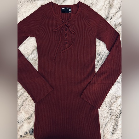 ASOS DESIGN Knitted Mini Dress with Lace Up Detail in Rust - Picture 4 of 7